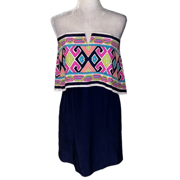 NEW Alice & Trixie Silk Blue Pink Geometric Ruffle Overlay Strapless Dress - S - Picture 10 of 10